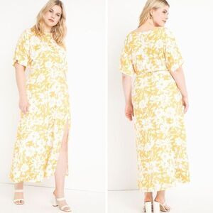 NEW Eloquii yellow‎ floral Dolman Sleeve Maxi Dress with Slit,20